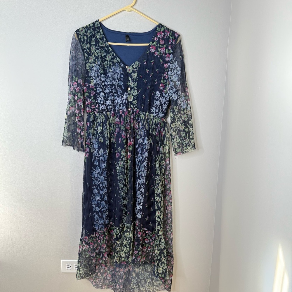 Lapis Blue Floral Hi Low Midi Navy Dress Women’s XL Romantic Boho Fall Moody